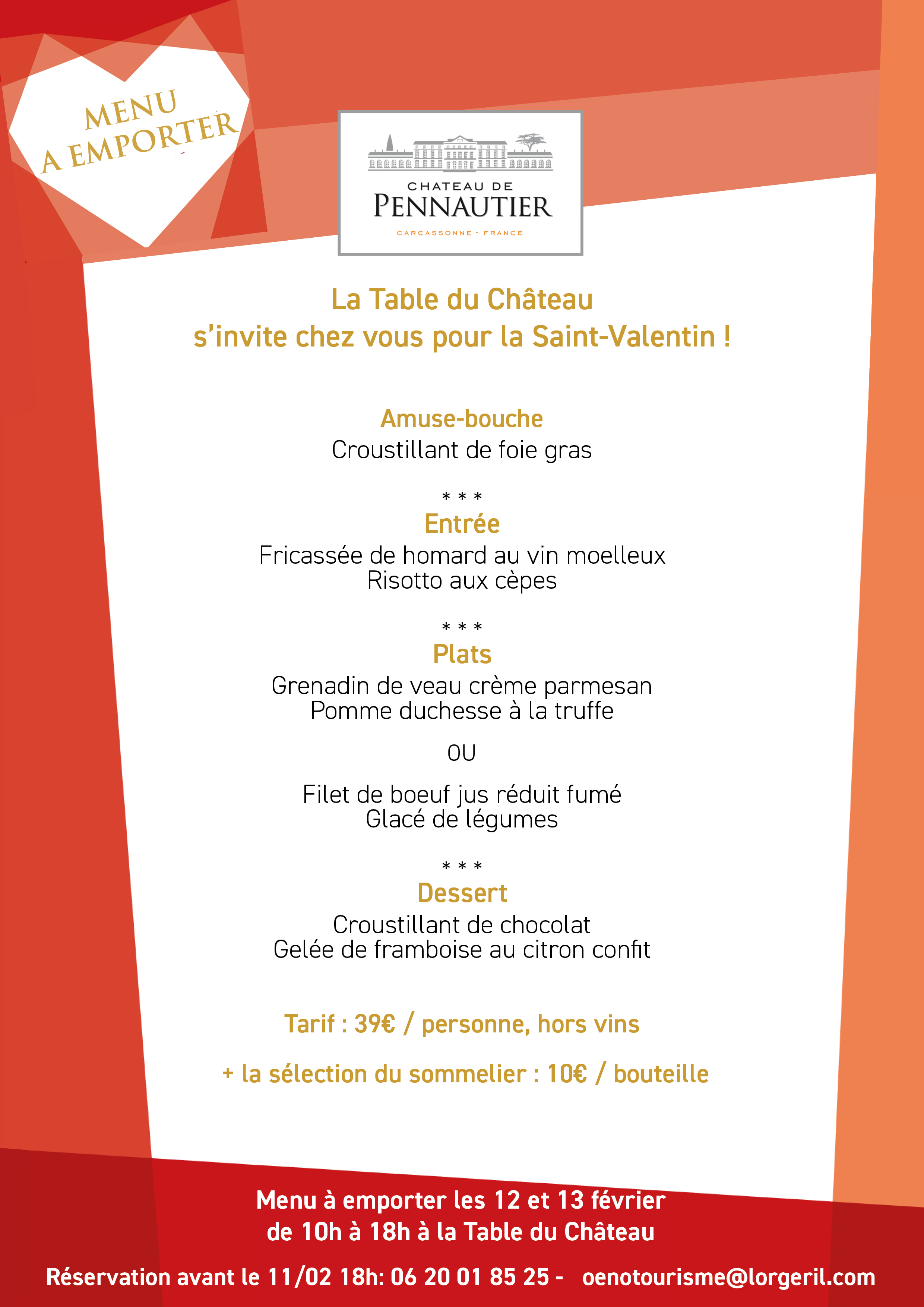 Menu de la Saint-Valentin à emporter avec La Table du Château